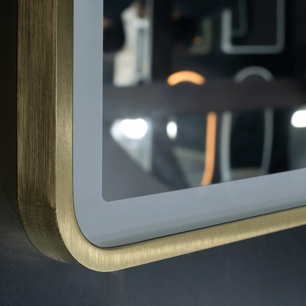 Arco Arch 700mm x 1000mm Frontlit LED Framed Mirror in Brushed Brass (Gold) with Demister