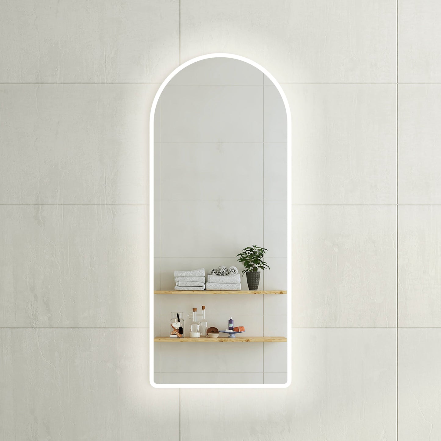 Arco Arch 500mm x 1200mm Frontlit and Backlit LED Frameless Mirror with Frosted Glass Border and Demister