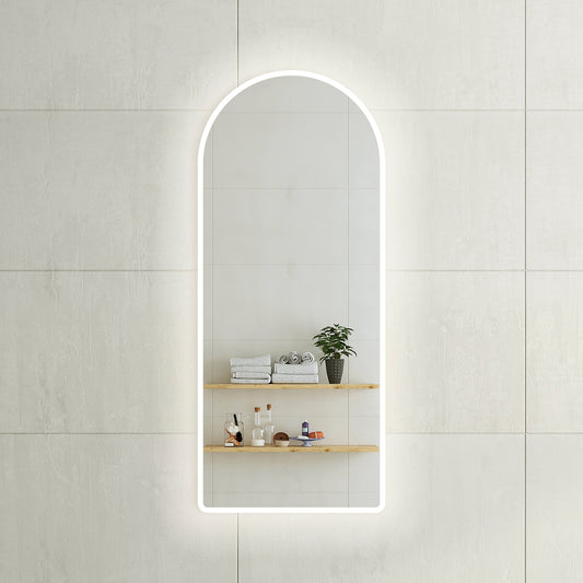 Arco Arch 500mm x 1200mm Frontlit and Backlit LED Frameless Mirror with Frosted Glass Border and Demister