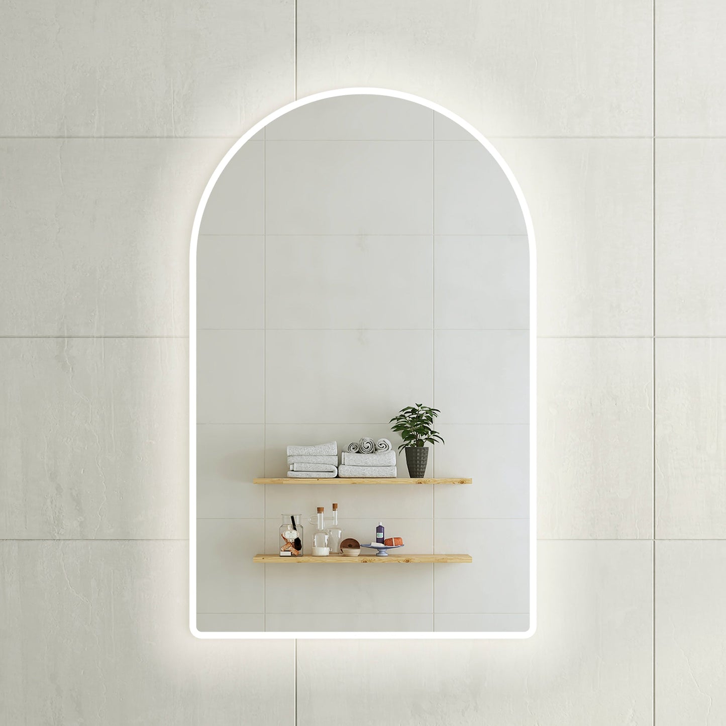 Arco Arch 750mm x 1200mm Frontlit and Backlit LED Frameless Mirror with Frosted Glass Border and Demister