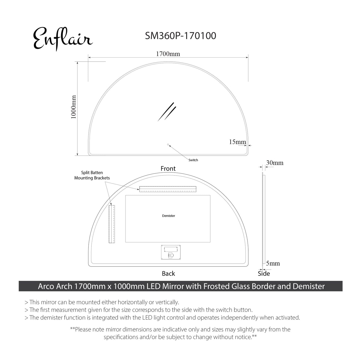 Arco Arch 1700mm x 1000mm Frontlit and Backlit LED Frameless Mirror with Frosted Glass Border and Demister