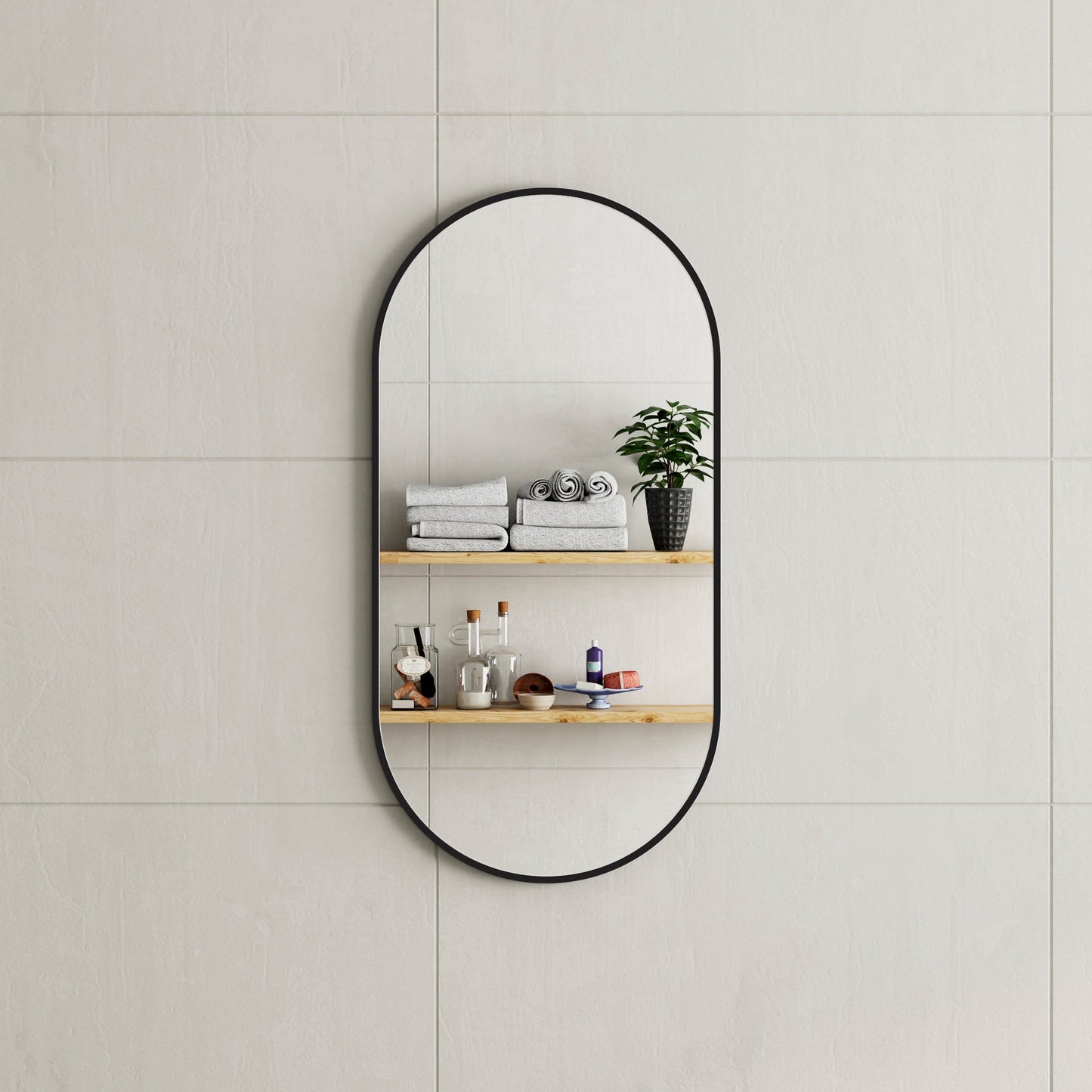 Pill Oval 450mm x 900mm Framed Mirror, Matte Black Frame