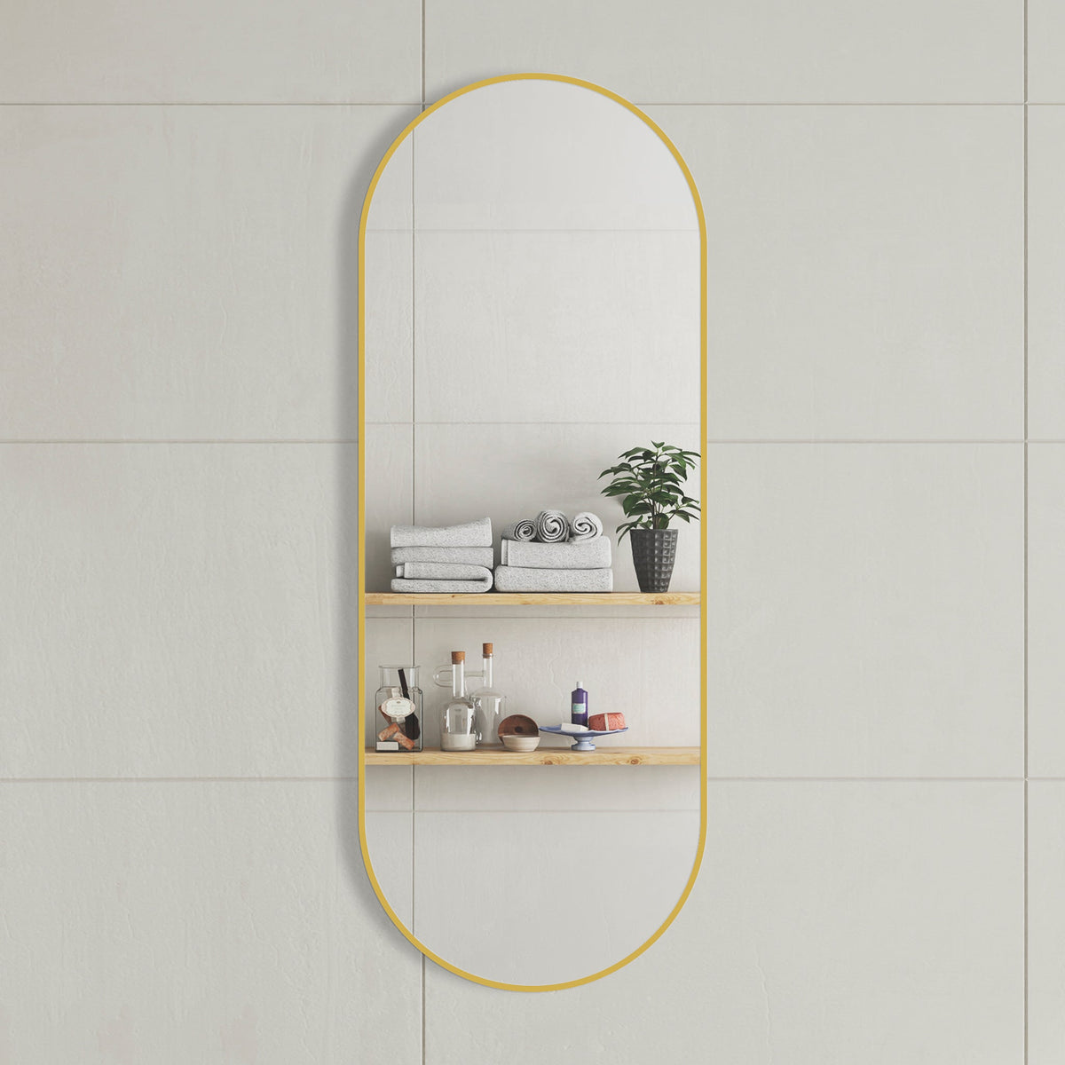 Pill Oval 450mm x 1200mm Framed Mirror with Brushed Brass (Gold) Frame