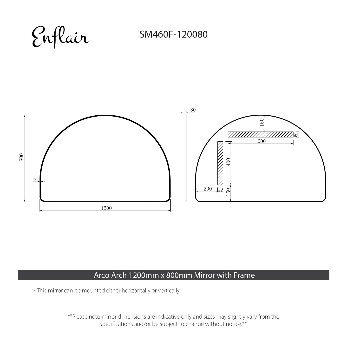 Arco Arch 1200mm x 800mm Mirror with Brushed Brass Gold Frame