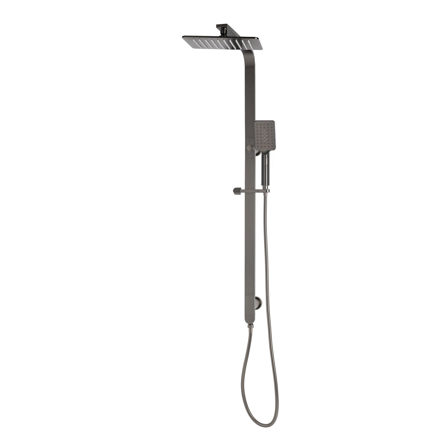Jena Square Twin Shower System with Adjustable Rail, Push Button Diverter and 250mm Head, Brushed Gunmetal