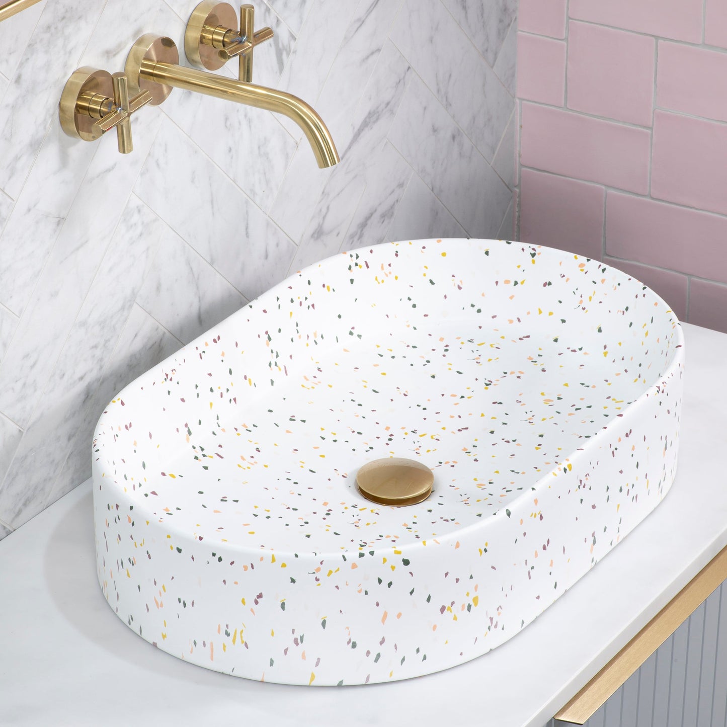 Pill Oval 600mm x 380mm Above-Counter Basin, Matte Terrazzo Speckle