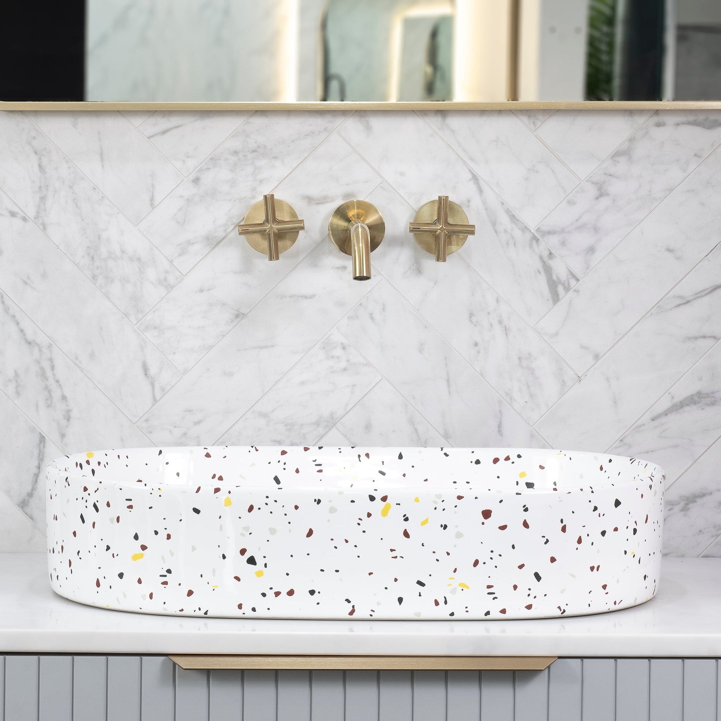 Pill Oval 600mm x 380mm Above-Counter Basin, Matte Terrazzo Chunk