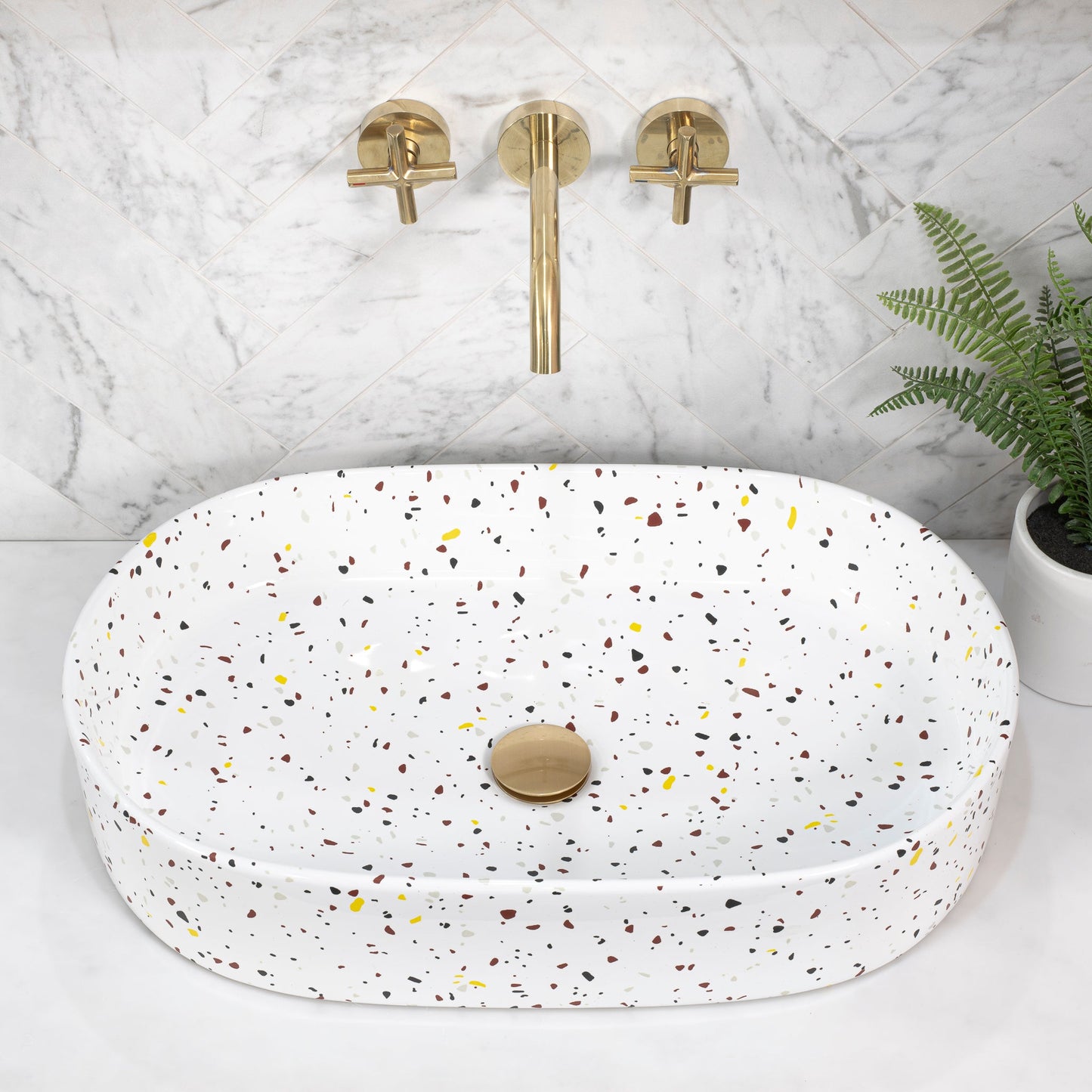 Pill Oval 600mm x 380mm Above-Counter Basin, Matte Terrazzo Chunk