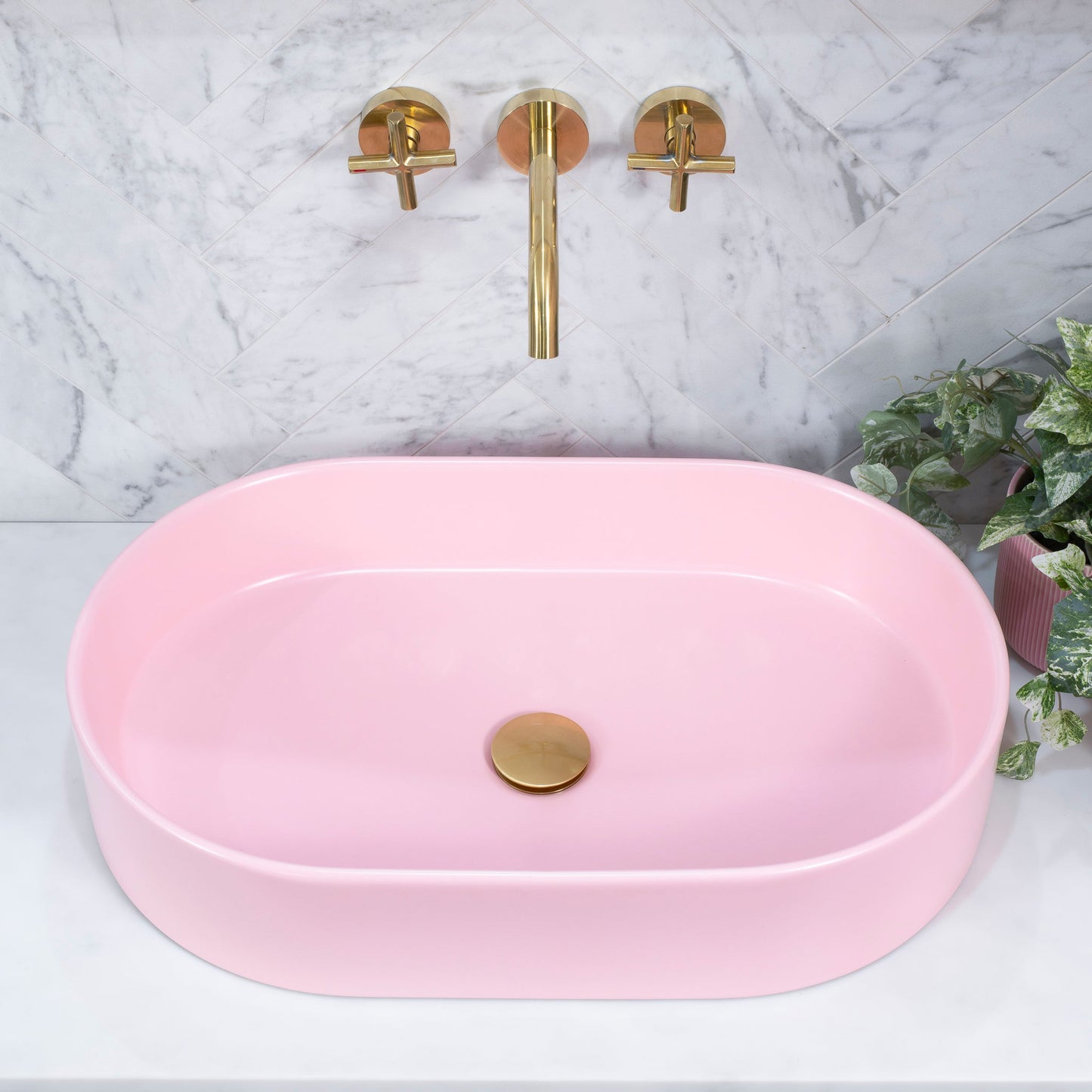 Pill Oval 600mm x 380mm Above-Counter Basin, Matte Pink