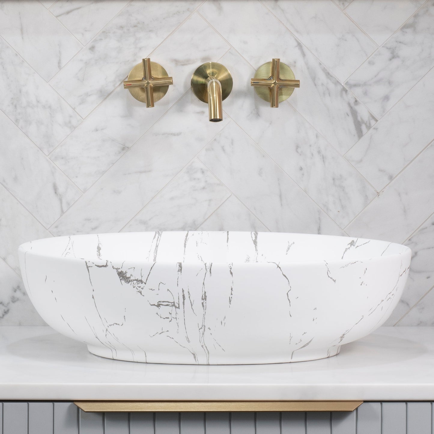 Ellipse 520mm x 395mm Above-Counter Basin, Matte Calacatta