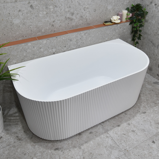 Brighton Groove 1500mm Back to Wall Fluted Oval Freestanding Bath, Matte White