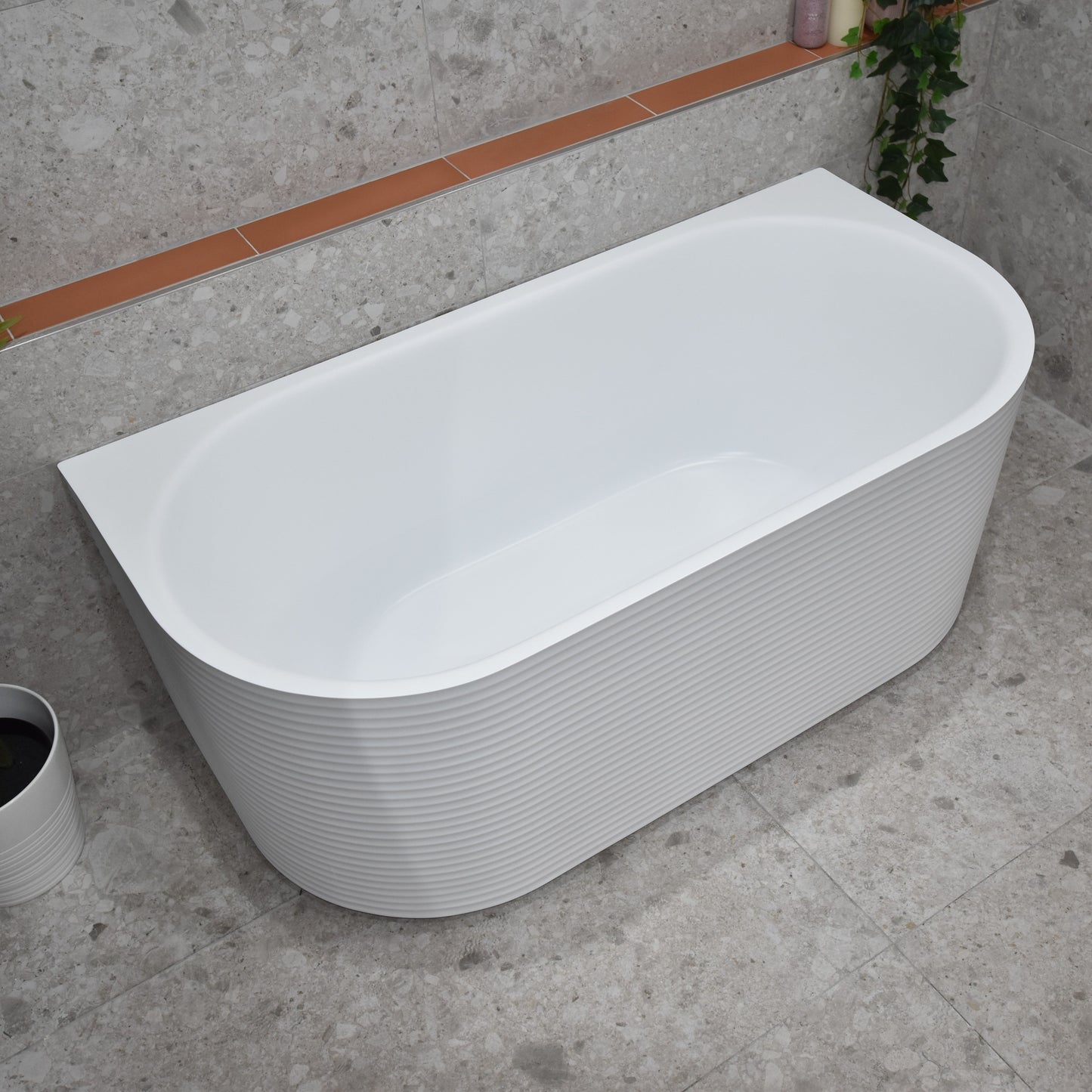 Brighton Corrugated 1700mm Ribbed Back to Wall Freestanding Bath, Matte White