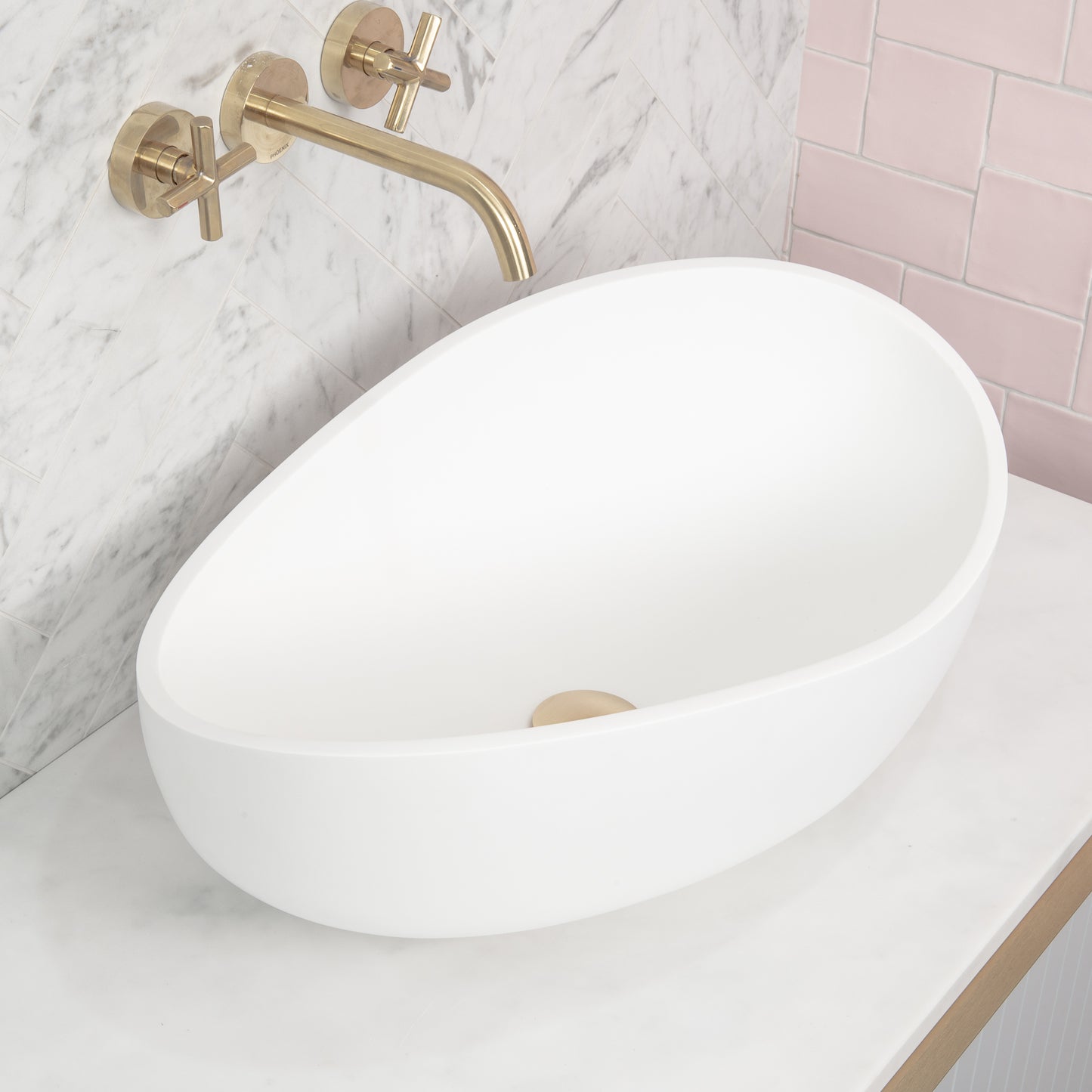 Wave Oval 600mm Artificial Stone Above-Counter Basin, Matte White