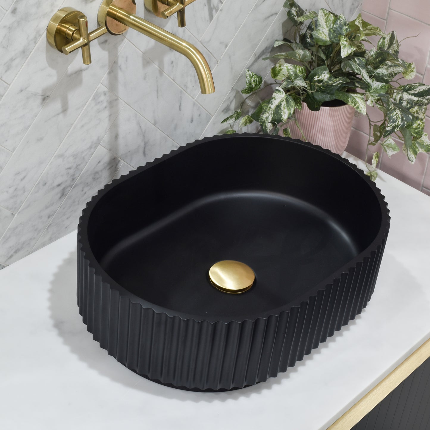 Stadio Groove 480mm Fluted Oval Artificial Stone Above-Counter Basin | Matte Black |