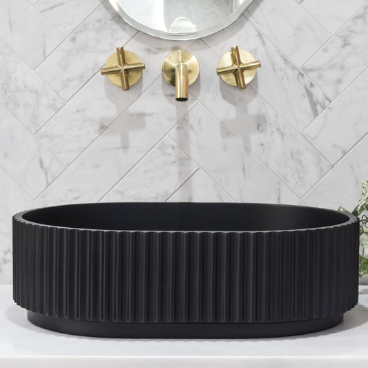 Stadio Groove 480mm Fluted Oval Artificial Stone Above-Counter Basin, Matte Black