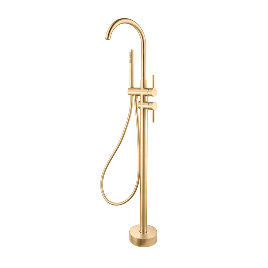 Profile III Floor Mounted Bath Filler with Mixer and Hand Shower, PVD Brushed Brass Gold