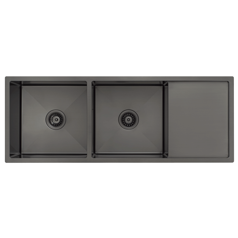 Retto II 1190mm x 450mm x 230mm Stainless Steel Double Sink with Drainer, Brushed Gunmetal Black