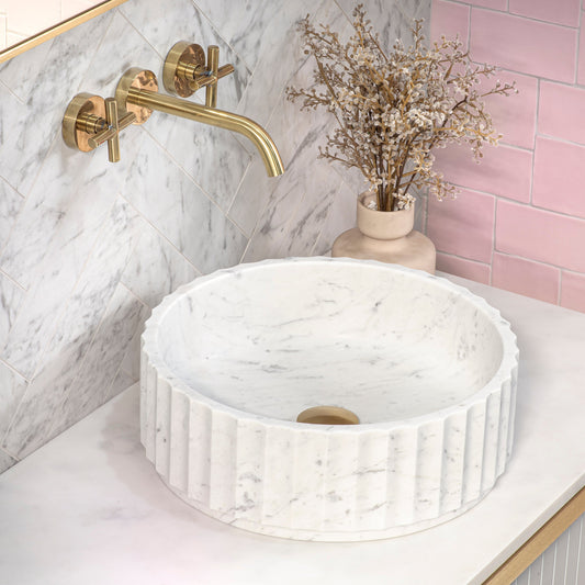 Kyklos Groove Round Fluted 395mm Above-Counter Marble Basin, Honed Carrara