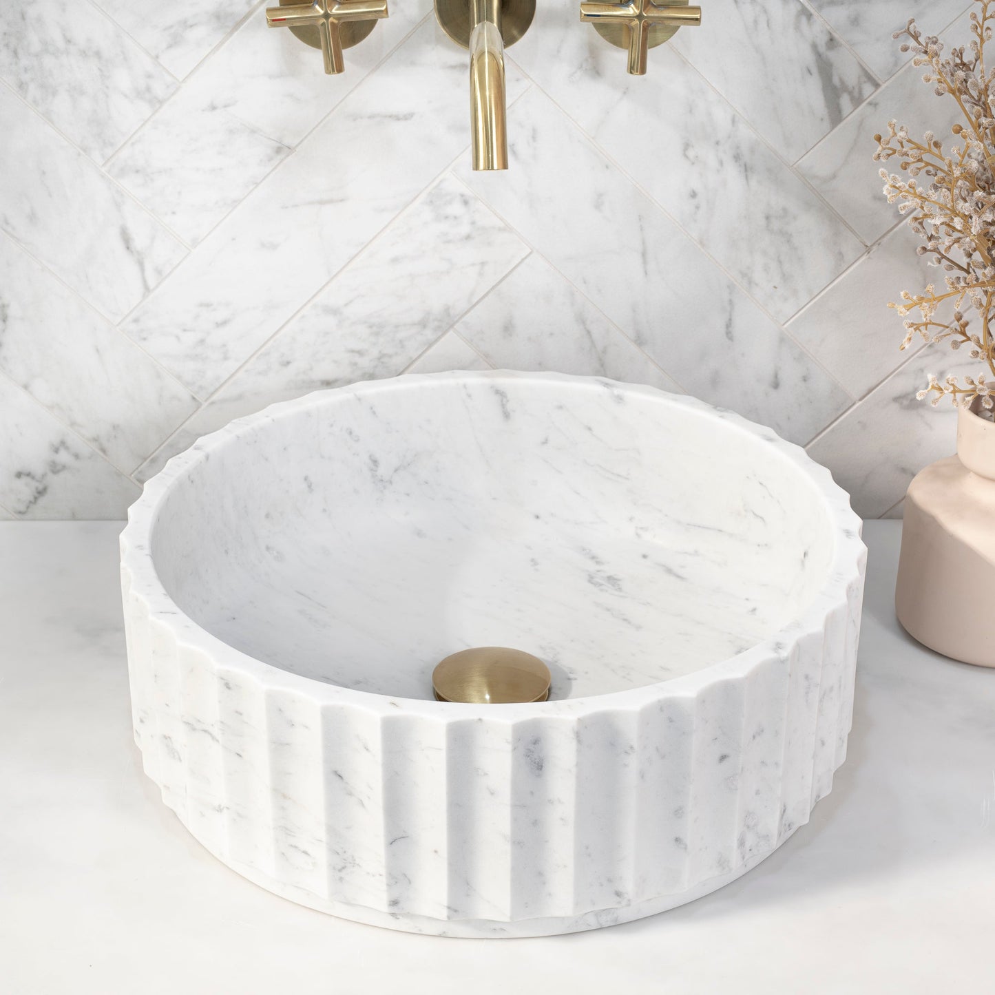 Kyklos Groove Round Fluted 395mm Above-Counter Marble Basin, Honed Carrara