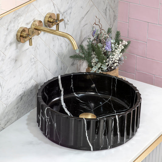 Kyklos Groove Round Fluted 395mm Above-Counter Marble Basin, Honed Nero Marquina