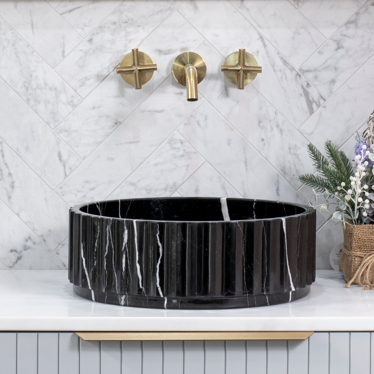 Kyklos Groove Round Fluted 395mm Above-Counter Marble Basin, Honed Nero Marquina