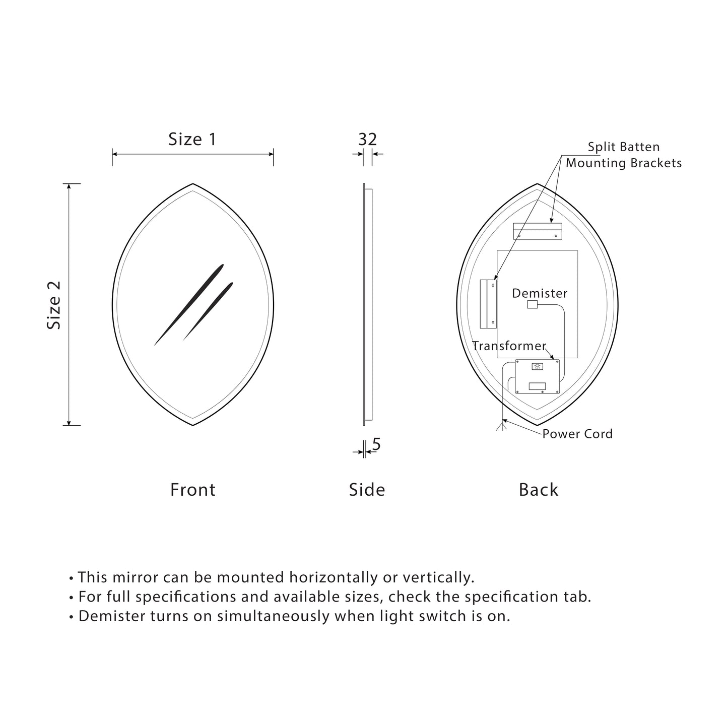 Marquise Jewel 600mm LED Mirror with Demister