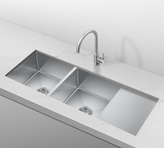 Retto 1190mm x 450mm x 230mm Stainless Steel Double Sink with Drainer | Brushed Nickel |