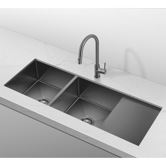 Retto 1190mm x 450mm x 230mm Stainless Steel Double Sink with Drainer | Brushed Gun Metal (black) |