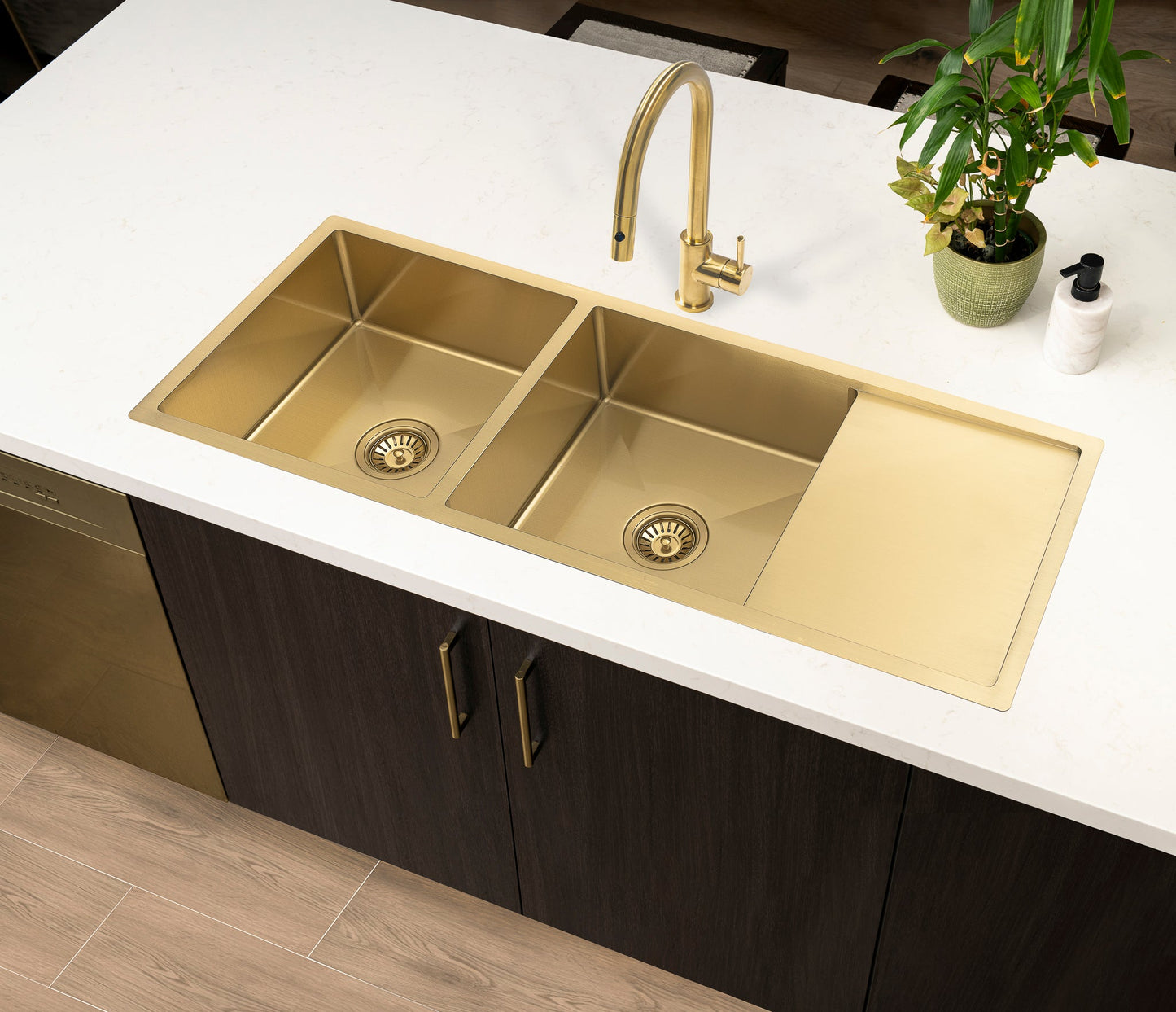 Retto II 1190mm x 450mm x 230mm Stainless Steel Double Sink with Drainer, Brushed Brass Gold