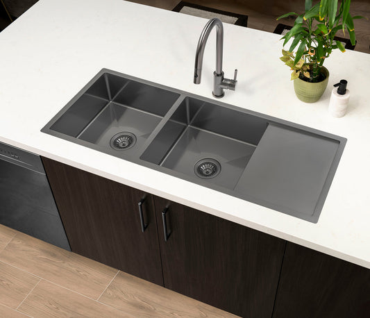 Retto II 1190mm x 450mm x 230mm Stainless Steel Double Sink with Drainer, Brushed Gunmetal Black