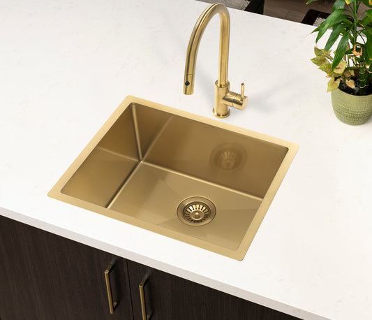 Retto II 550mm x 450mm x 300mm Extra Height Stainless Steel Sink, Brushed Brass Gold