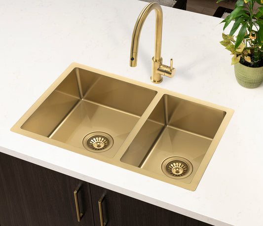 Retto II 675mm x 450mm x 230mm Stainless Steel Double Sink, Brushed Brass Gold