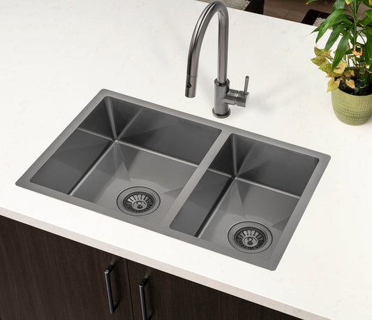 Retto II 675mm x 450mm x 230mm Stainless Steel Double Sink, Brushed Gunmetal Black