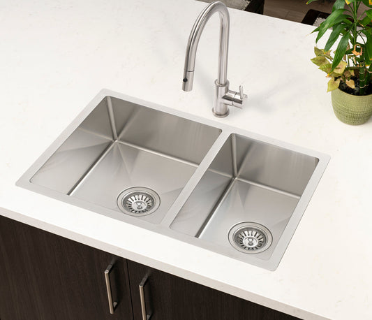 Retto II 675mm x 450mm x 230mm Stainless Steel Double Sink, Brushed Nickel Silver