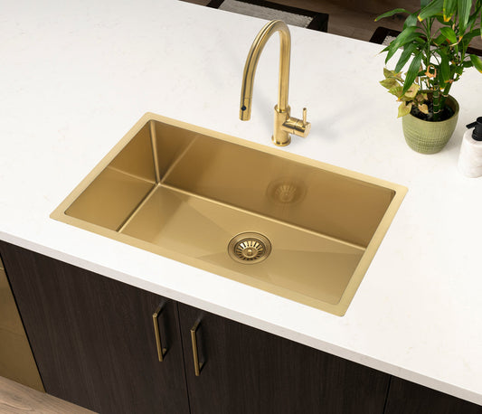 Retto II 750mm x 450mm x 300mm Extra Height Stainless Steel Sink, Brushed Brass Gold