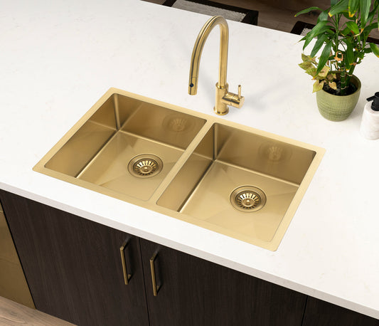 Retto II 775mm x 450mm x 230mm Stainless Steel Double Sink, Brushed Brass Gold