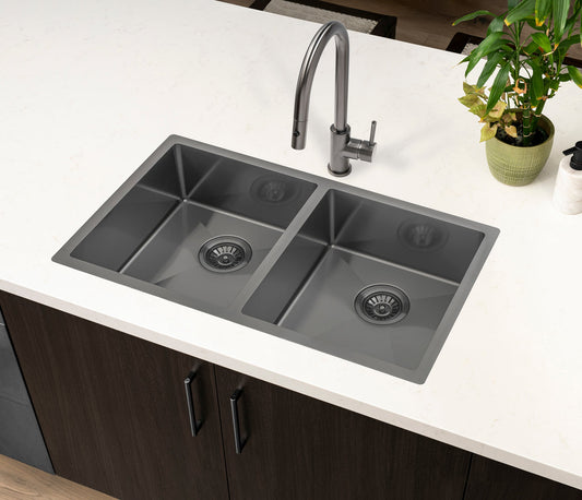 Retto II 775mm x 450mm x 230mm Stainless Steel Double Sink, Brushed Gunmetal Black