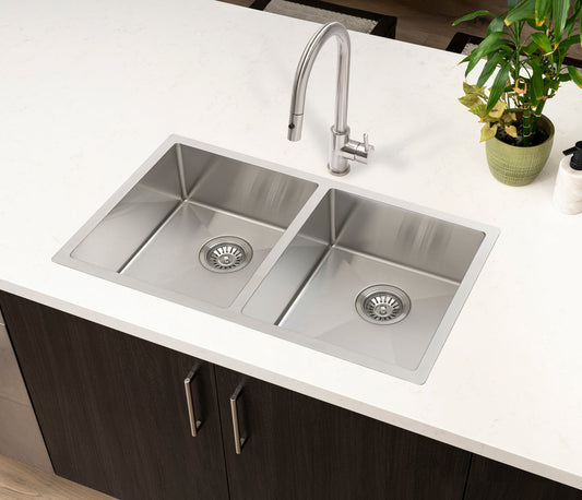 Retto II 775mm x 450mm x 230mm Stainless Steel Double Sink, Brushed Nickel Silver