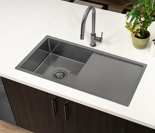 Retto II 850mm x 450mm x 230mm Stainless Steel Sink with Drainer, Brushed Gunmetal Black