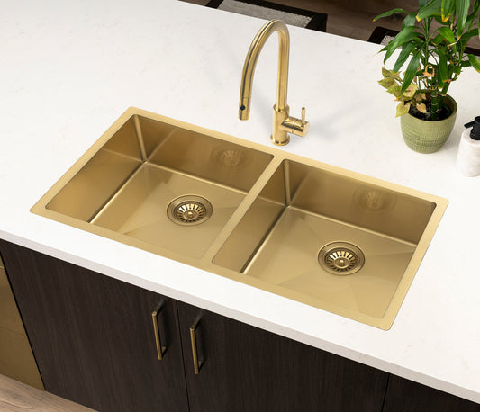 Retto II 875mm x 450mm x 230mm Stainless Steel Double Sink, Brushed Brass Gold