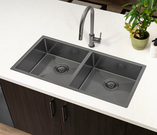 Retto II 875mm x 450mm x 230mm Stainless Steel Double Sink, Brushed Gunmetal Black