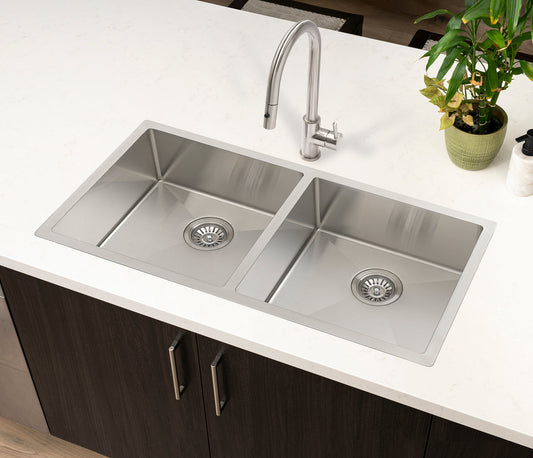Retto II 875mm x 450mm x 230mm Stainless Steel Double Sink, Brushed Nickel Silver