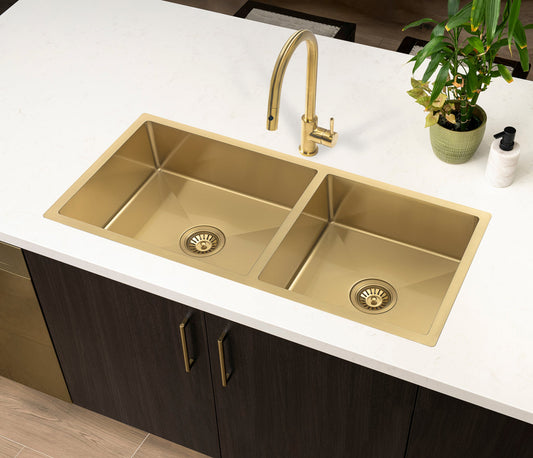 Retto II 975mm x 450mm x 230mm Stainless Steel Double Sink, Brushed Brass Gold