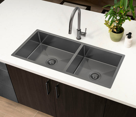 Retto II 975mm x 450mm x 230mm Stainless Steel Double Sink, Brushed Gunmetal Black