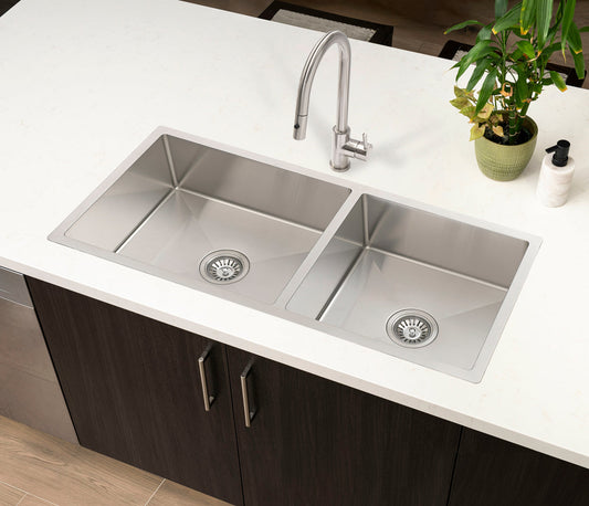 Retto II 975mm x 450mm x 230mm Stainless Steel Double Sink, Brushed Nickel Silver