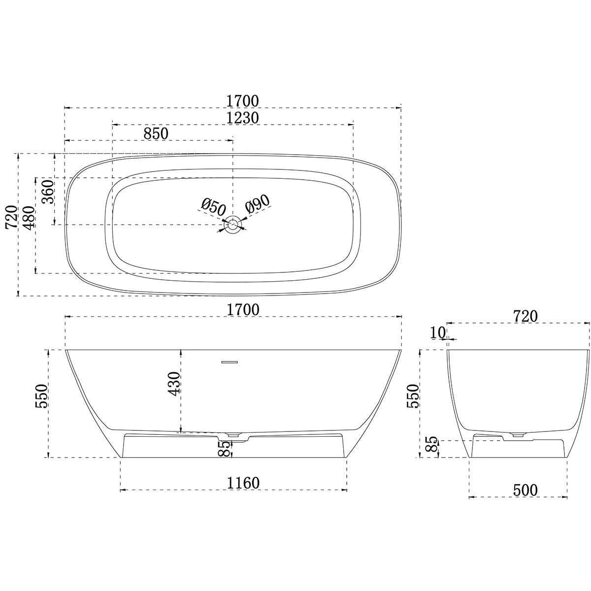 Square Rolo Rolo Soft Square 1700mm Artificial Stone Freestanding Bath | Matte Whi ...