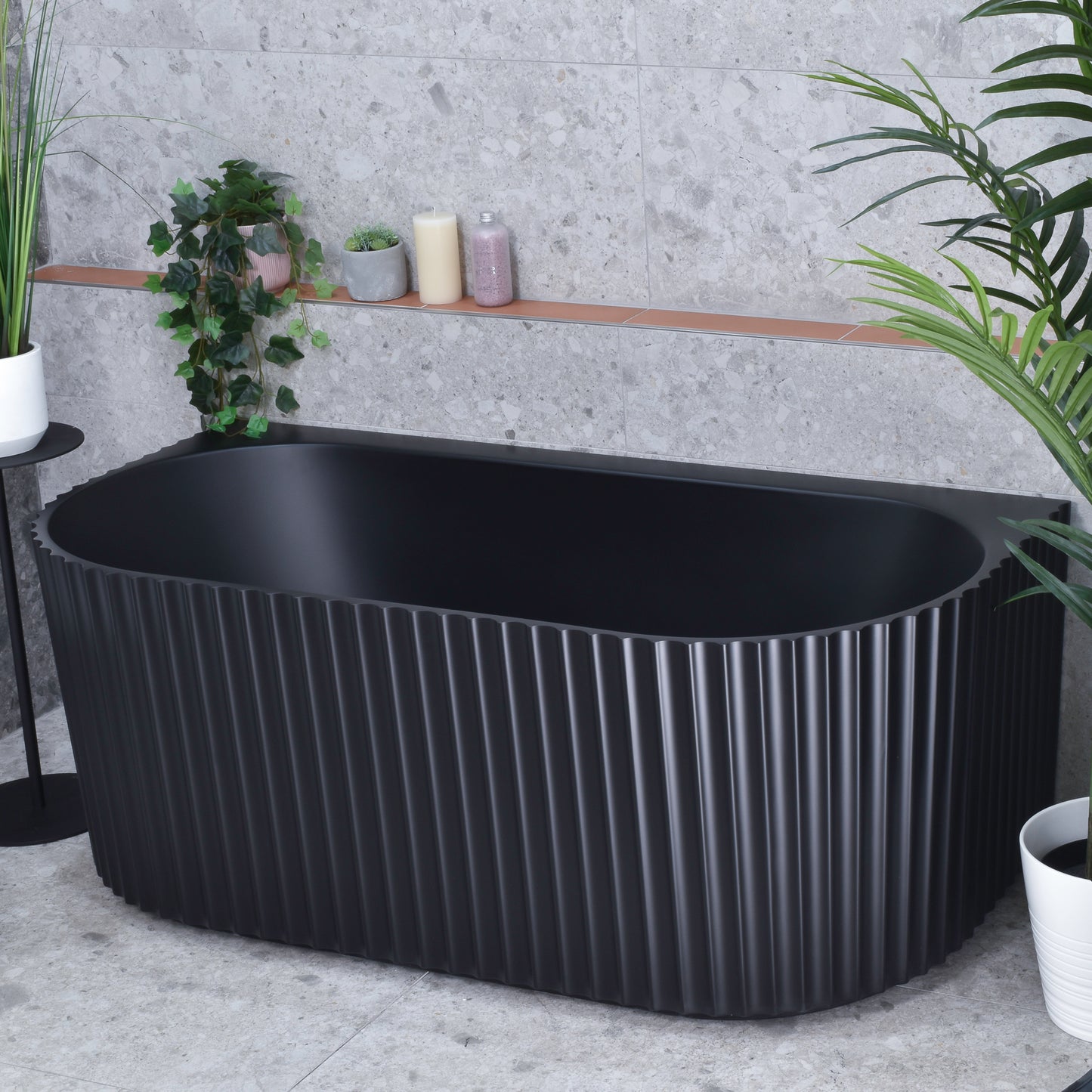 Agora Groove 1700mm Fluted Oval Freestanding Back to Wall Bath, Matte Black