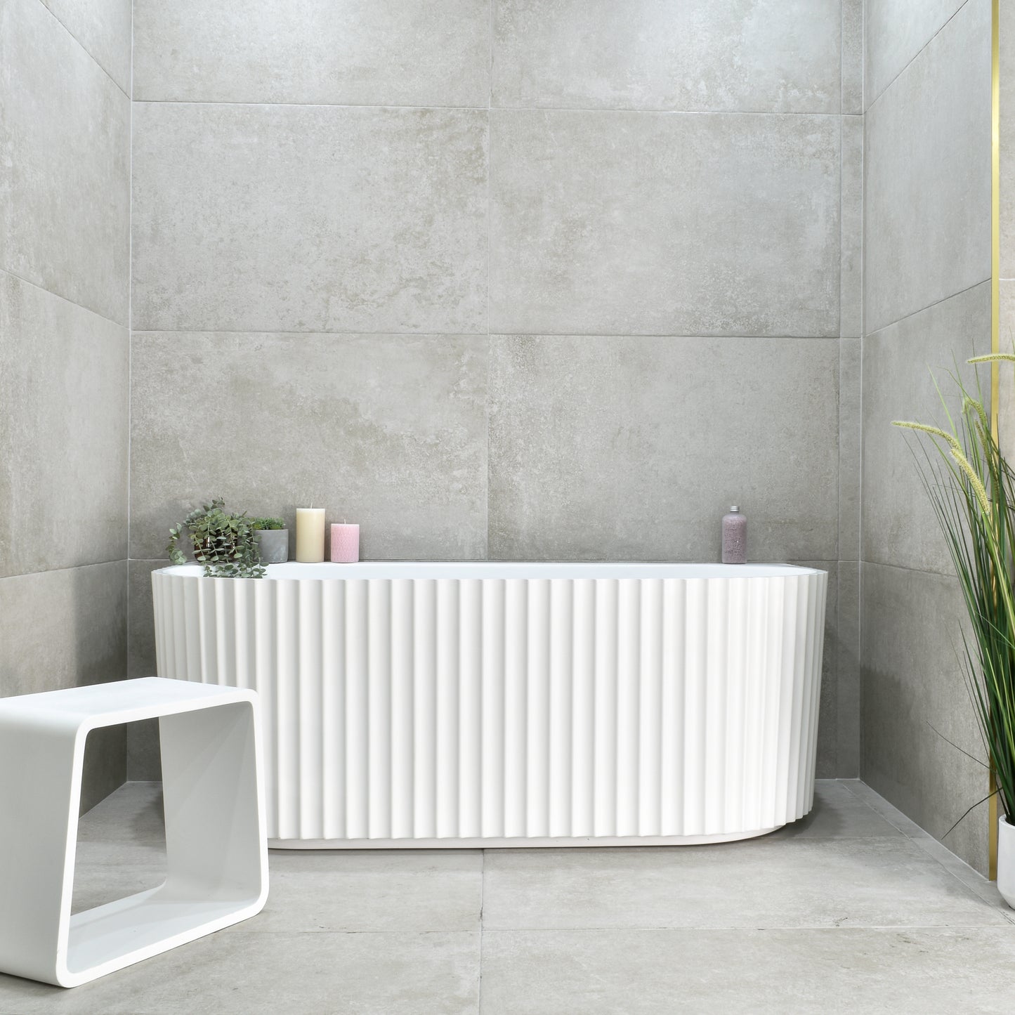 Agora Groove 1500mm Fluted Oval Freestanding Back to Wall Bath, Matte White