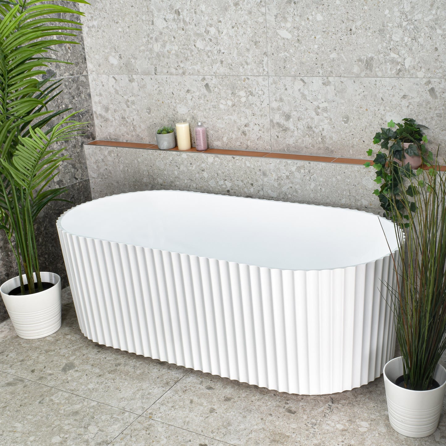 Agora Groove 1700mm Fluted Oval Freestanding Bath, Matte White