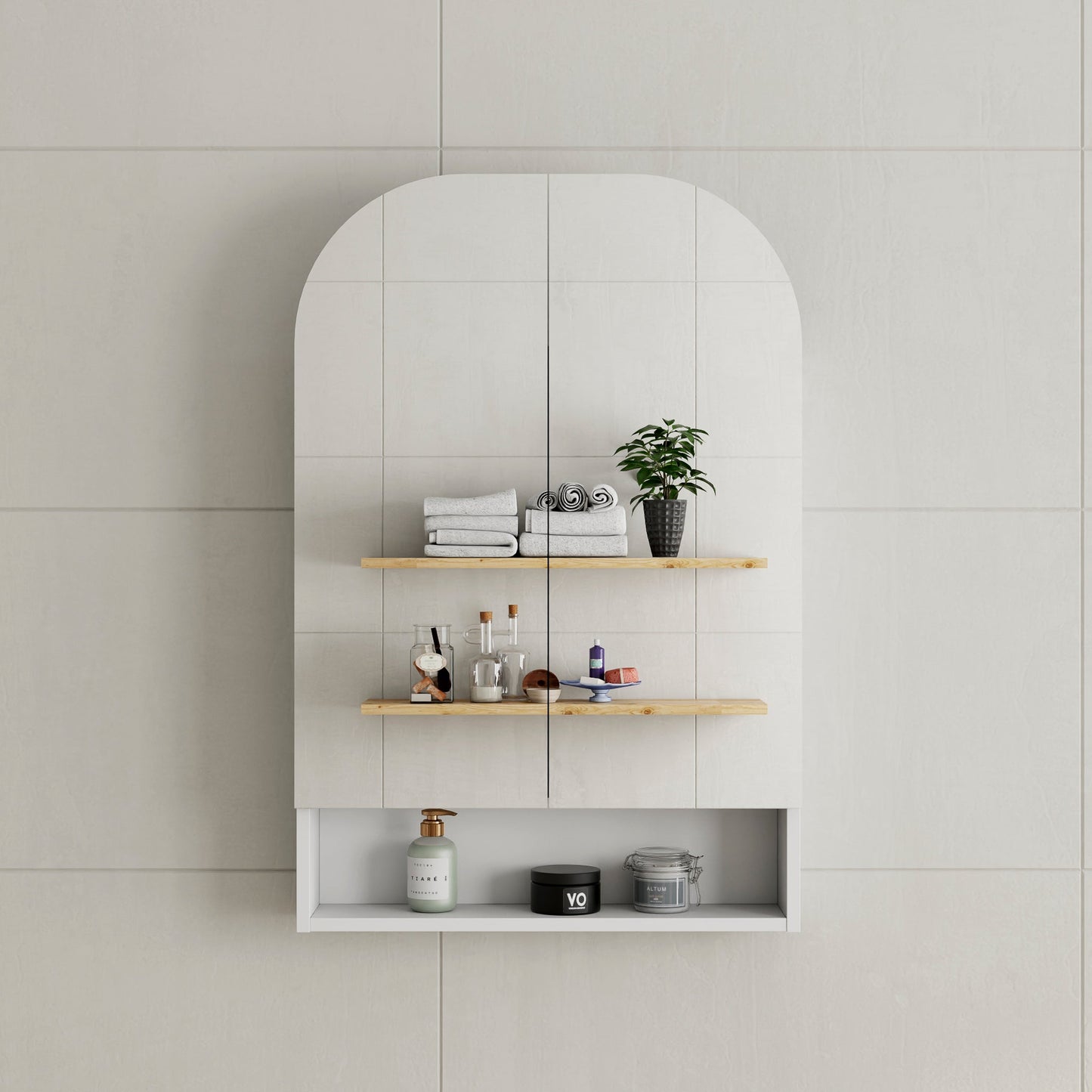 Tura Arch 600mm x 900mm Mirrored Shaving Cabinet with Exposed Shelf, Matte White